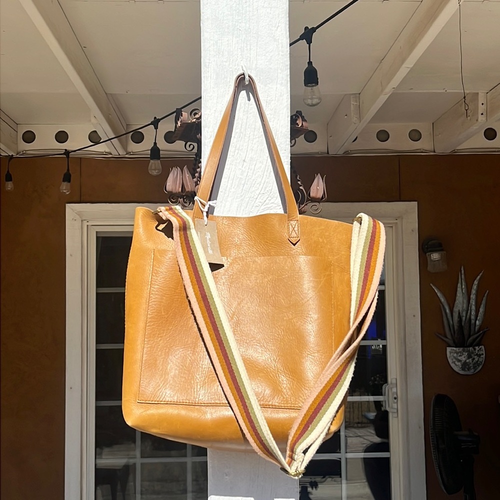 Madewell Medium Transport Tote - English Saddle with Stripped Crossbody Strap